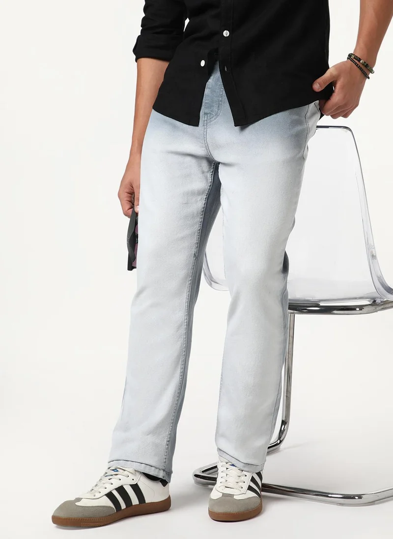 Urbano Fashion Men's Light Grey Straight Fit Heavy Washed Faded Denim Jeans Stretchable